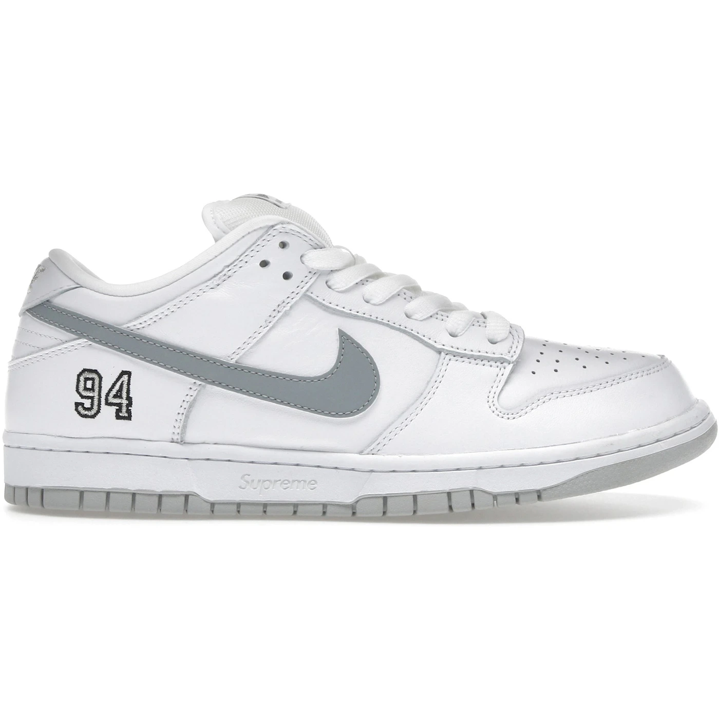 Nike SB Dunk Low Supreme 94 White Metallic Silver 1 Nike SB Dunk Low Supreme 94 White Metallic Silver 1