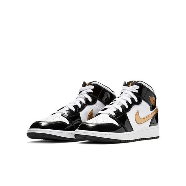 Jordan 1 Mid Patent Black White Gold (GS)
