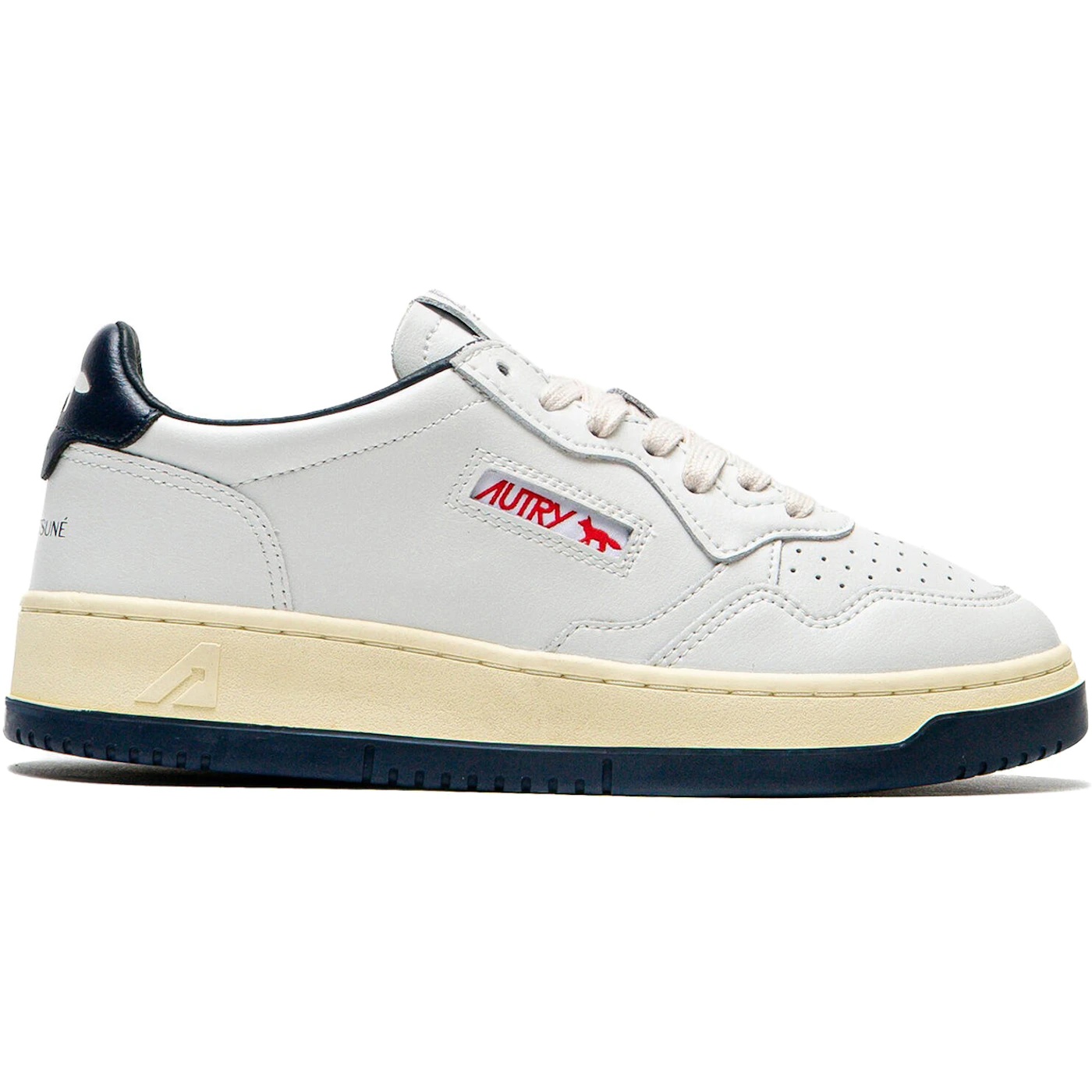 Autry Medalist Leather Low Maison Kitsune White Navy (Womens) 2 Autry Medalist Leather Low Maison Kitsune White Navy Womens 2