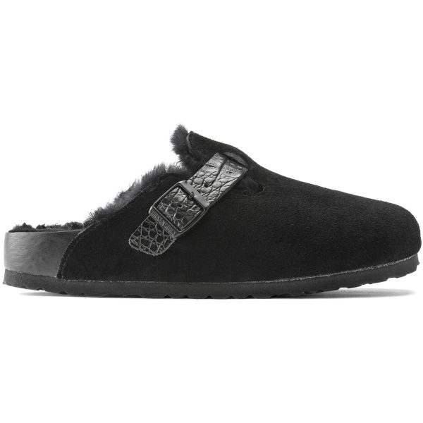 Birkenstock Boston Shearling Suede Reptile Embossed Strap Black