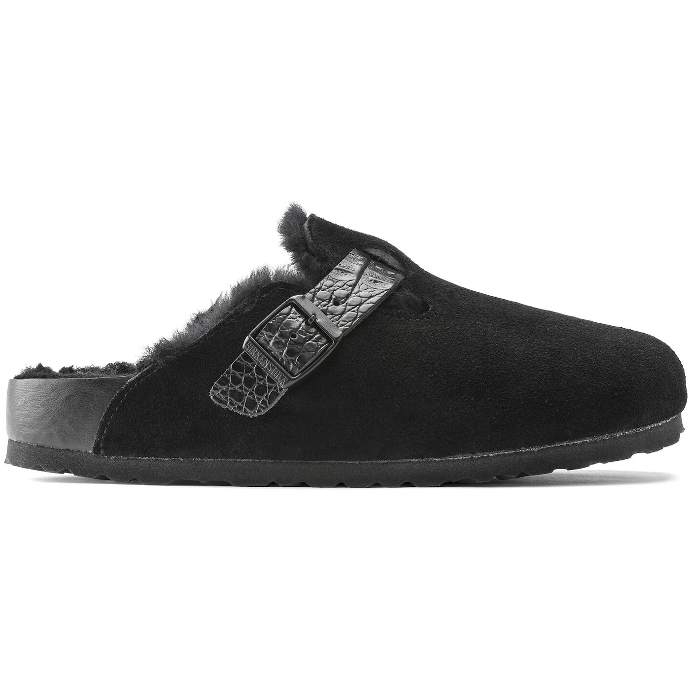 Birkenstock Boston Shearling Suede Reptile Embossed Strap Black 1