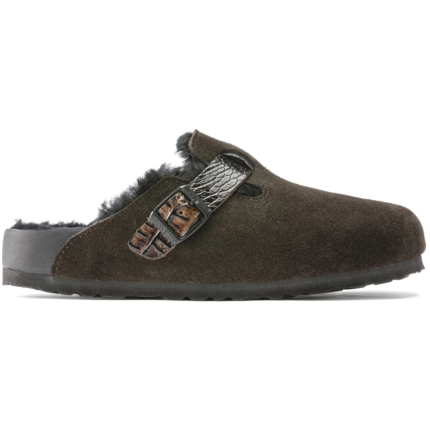 Birkenstock Boston Shearling Suede Reptile Embossed Strap Mocca Brown Black 1 Birkenstock Boston Shearling Suede Reptile Embossed Strap Mocca Brown Black 2