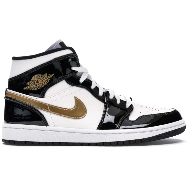 Jordan 1 Mid Patent Black White Gold
