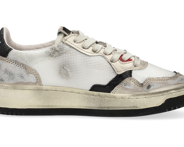 Autry Super Vintage Low Distressed White Leather Mesh Black Gold Metallic