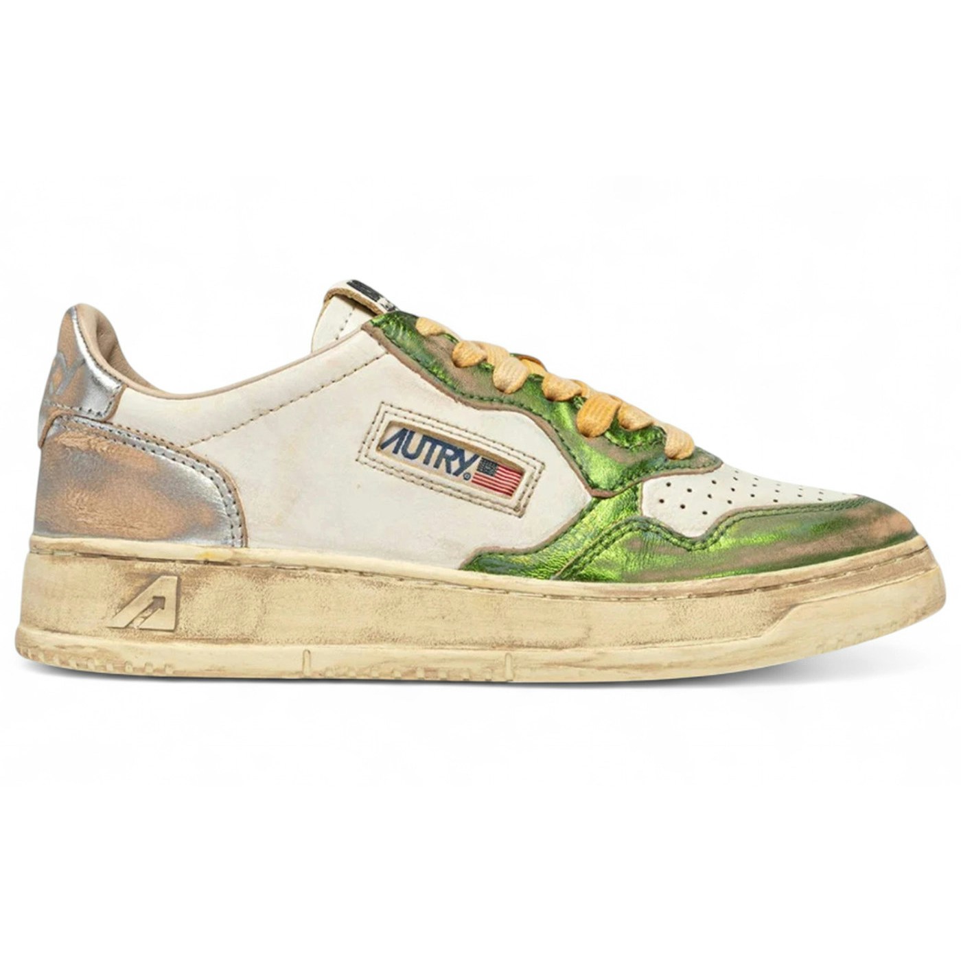 Autry Medalist Low Super Vintage White Green Silver Metallic (Womens)