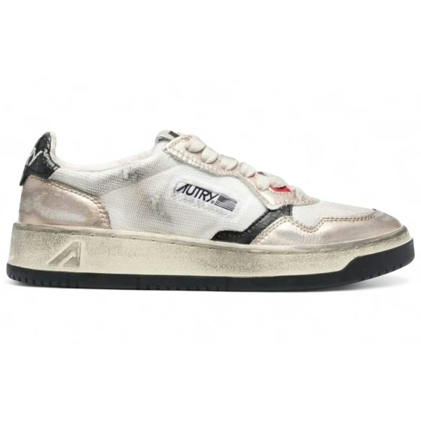 Autry Super Vintage Low Distressed White Leather Mesh Black Gold Metallic
